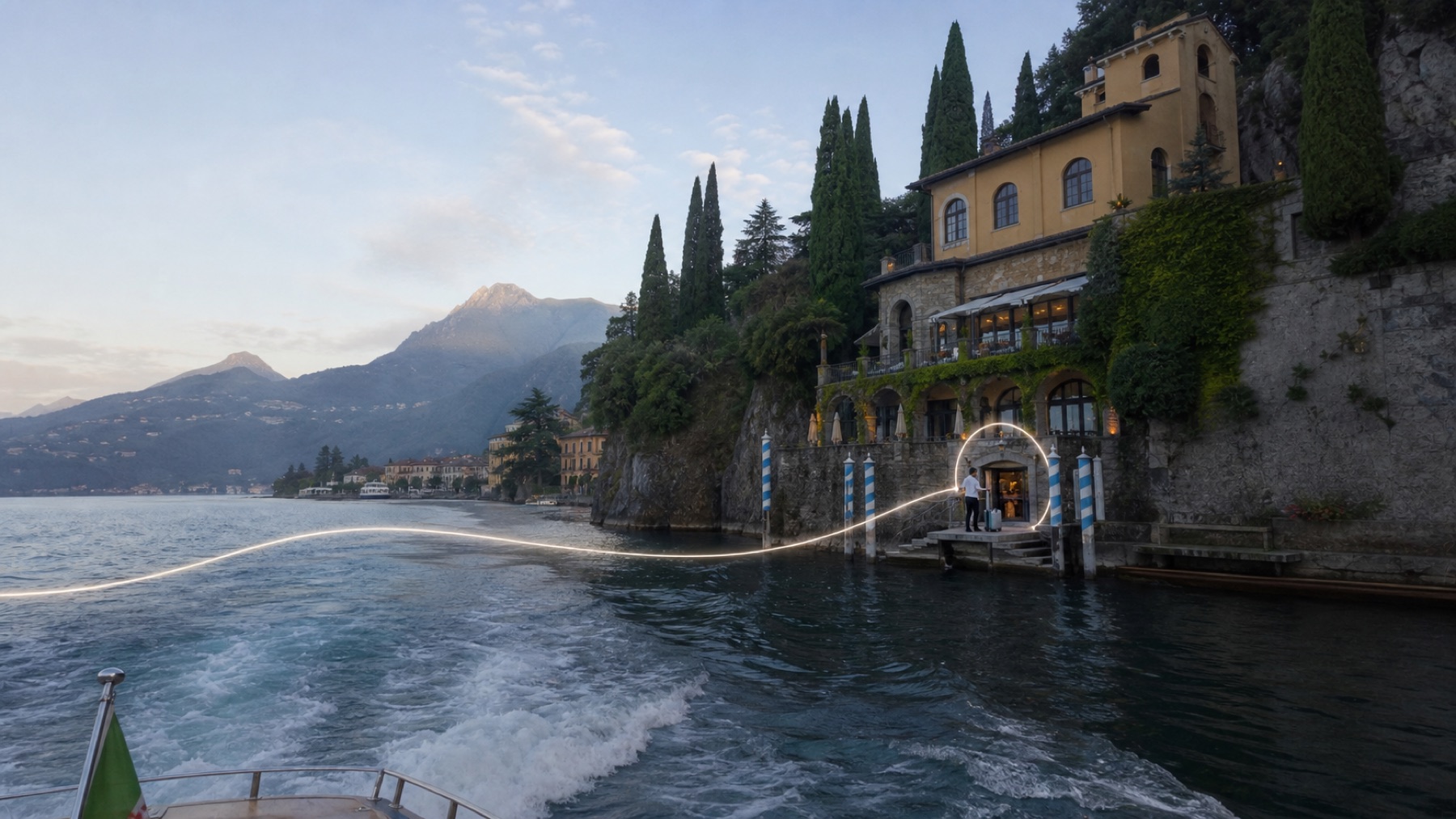 Creator arriving at a remarkable lakeside property